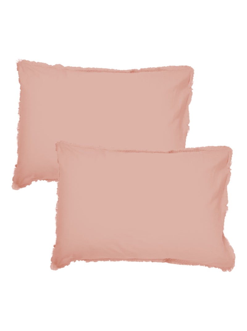 Set de 2 taies d'oreiller unies à franges, coton lavé Nude - Kiabi