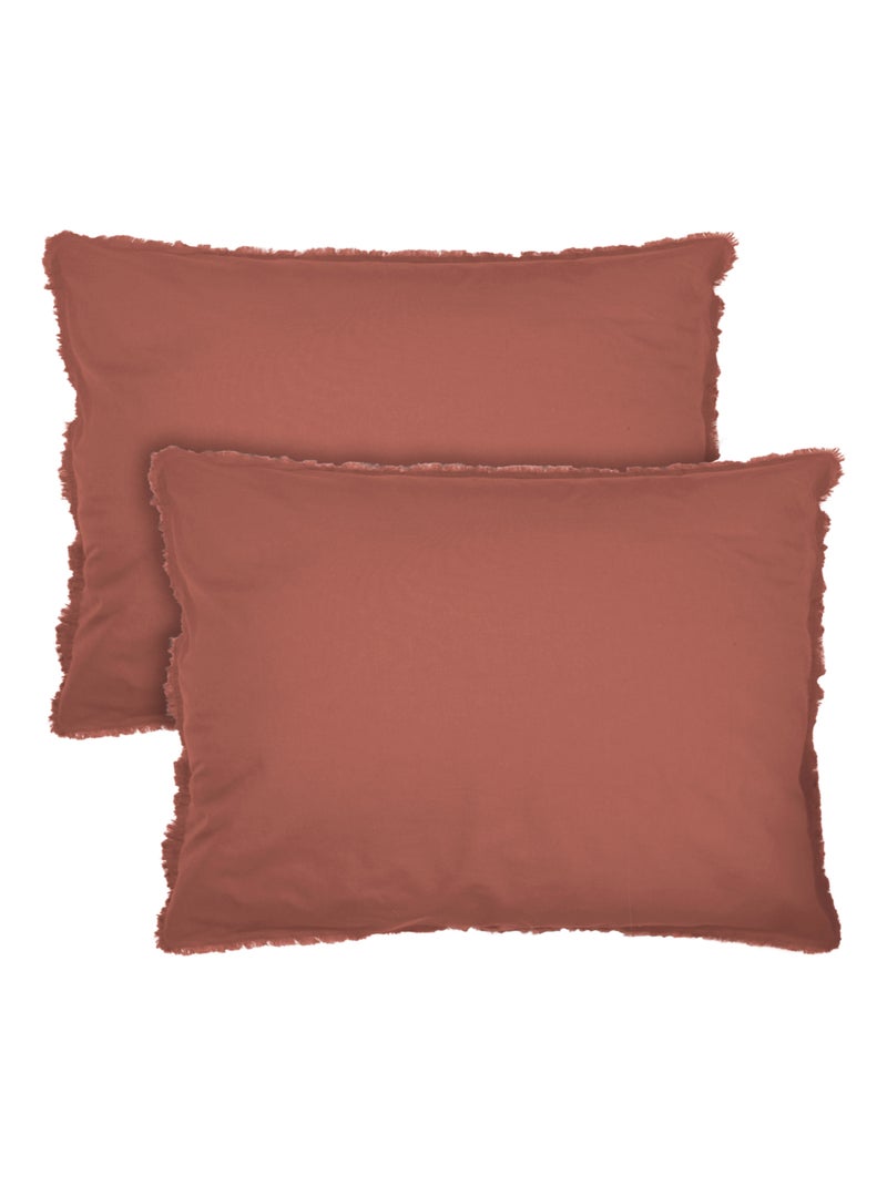 Set de 2 taies d'oreiller unies à franges, coton lavé Terracotta - Kiabi