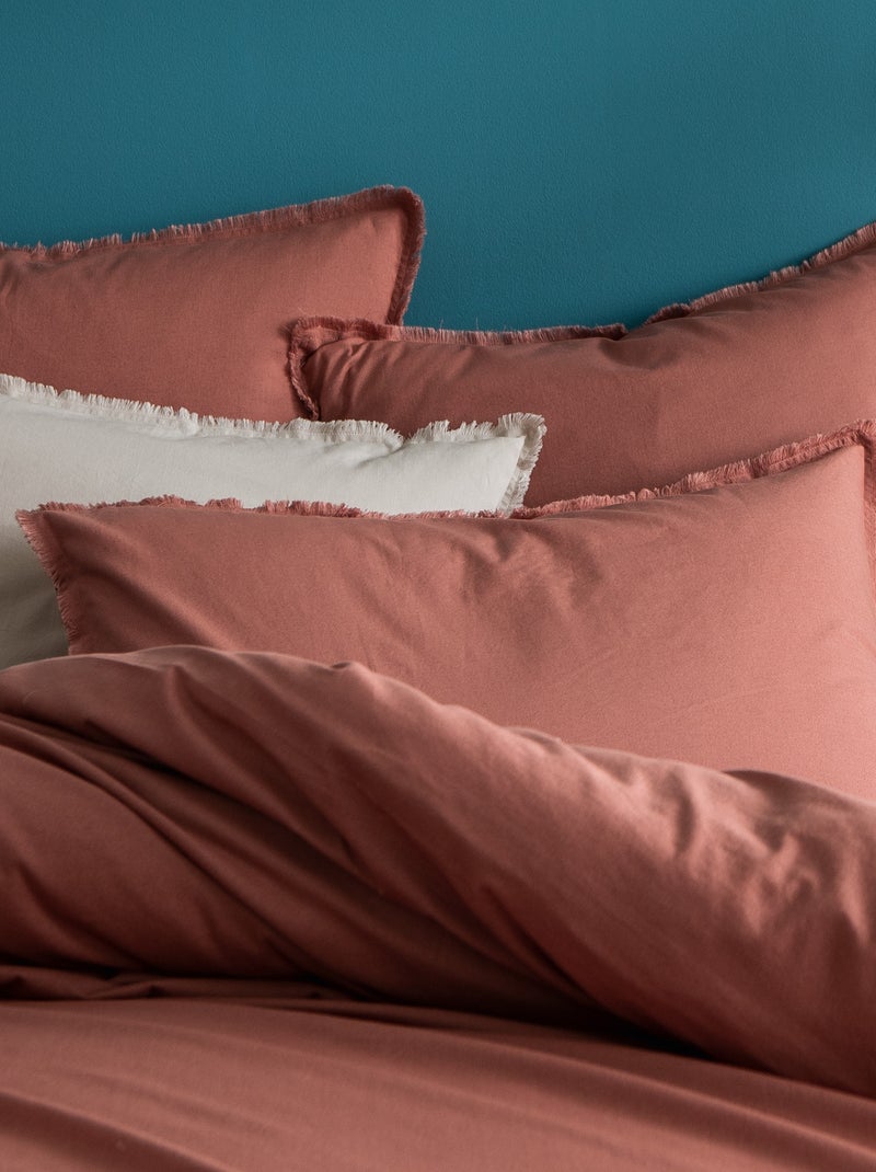 Set de 2 taies d'oreiller unies à franges, coton lavé Terracotta - Kiabi