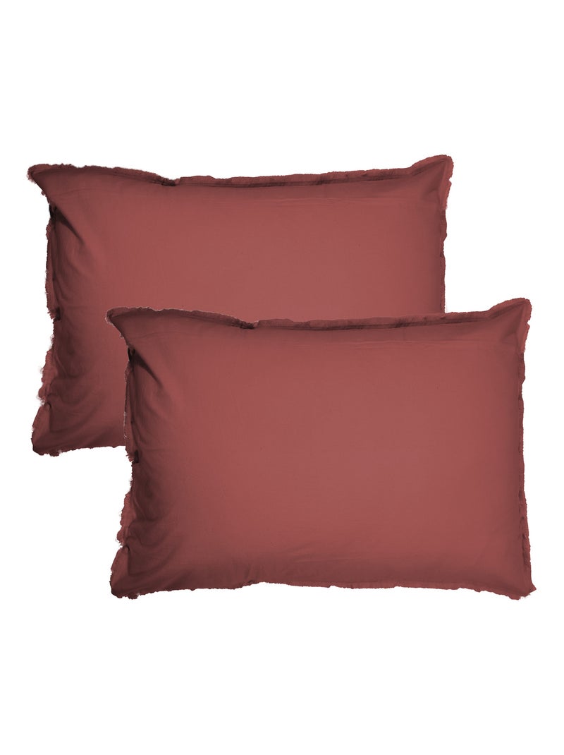 Set de 2 taies d'oreiller unies à franges, coton lavé Violet - Kiabi