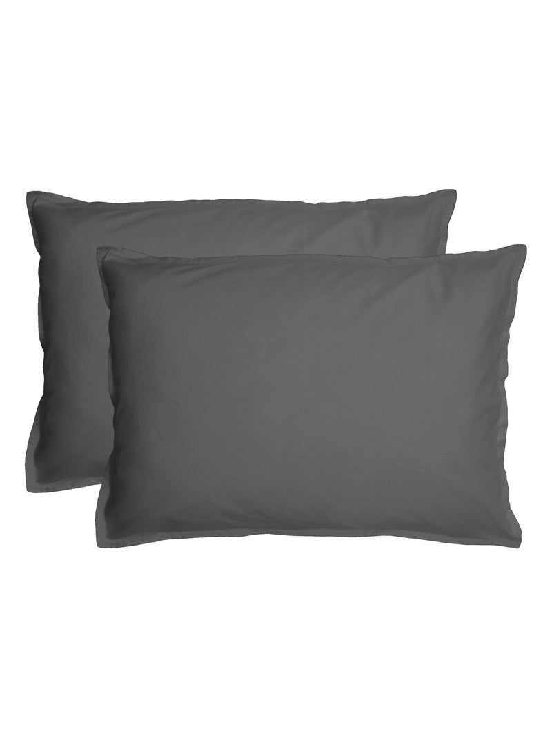 Set de 2 taies d'oreiller unies à volant, coton lavé gris anthracite - Kiabi