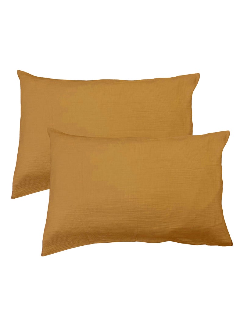 Set de 2 taies d'oreiller unies en coton, gaze de coton Marron caramel - Kiabi