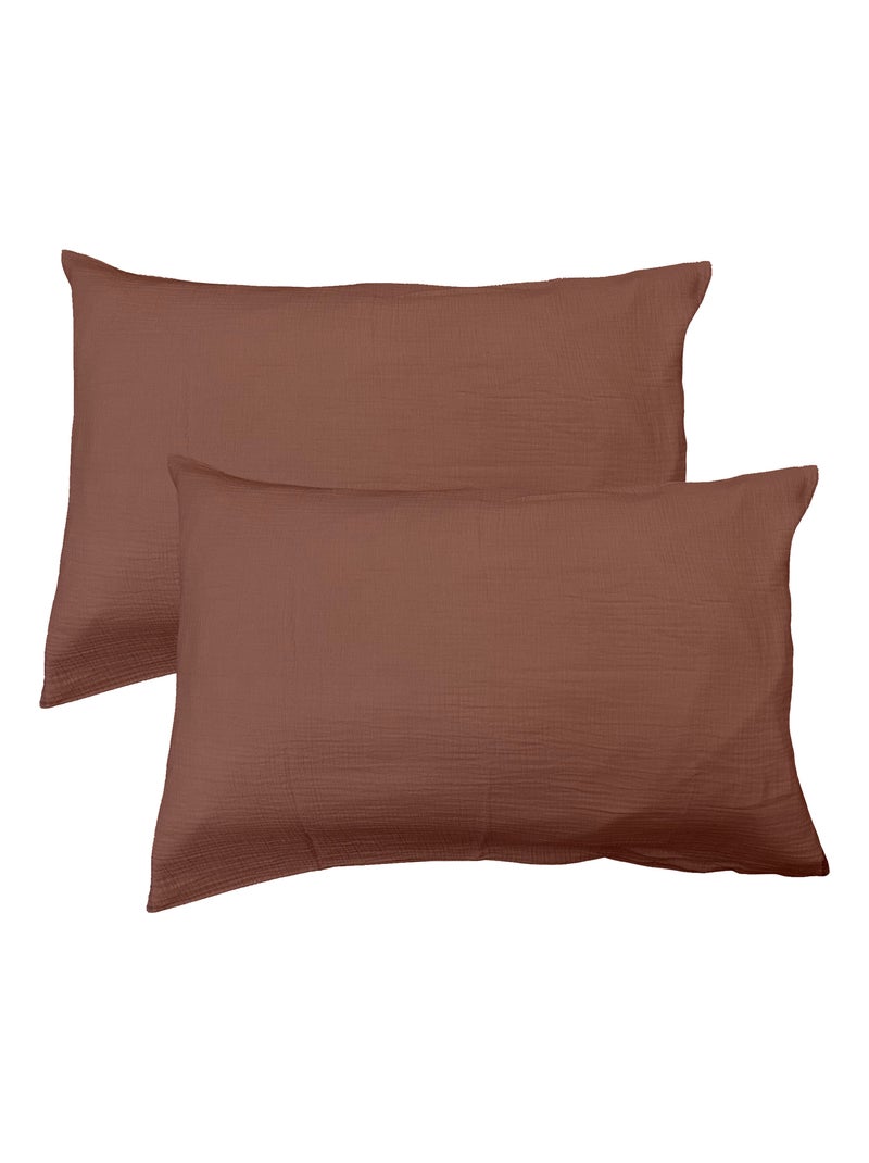 Set de 2 taies d'oreiller unies en coton, gaze de coton Marron chocolat - Kiabi