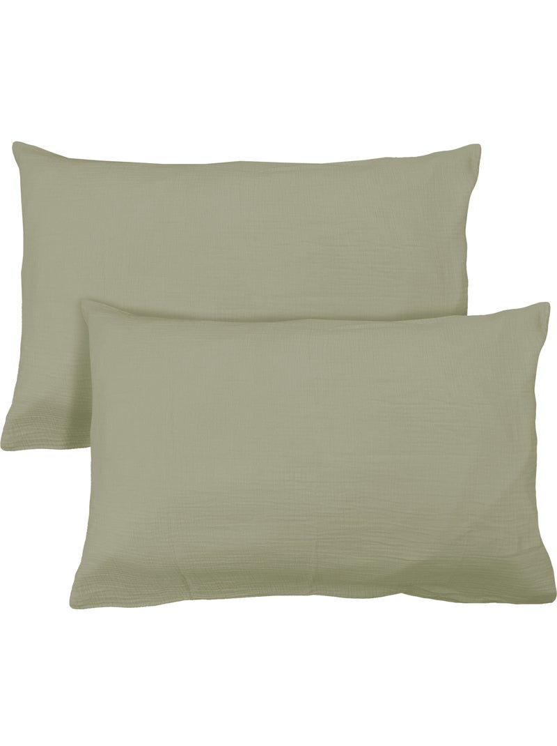 Set de 2 taies d'oreiller unies en coton, gaze de coton Vert - Kiabi