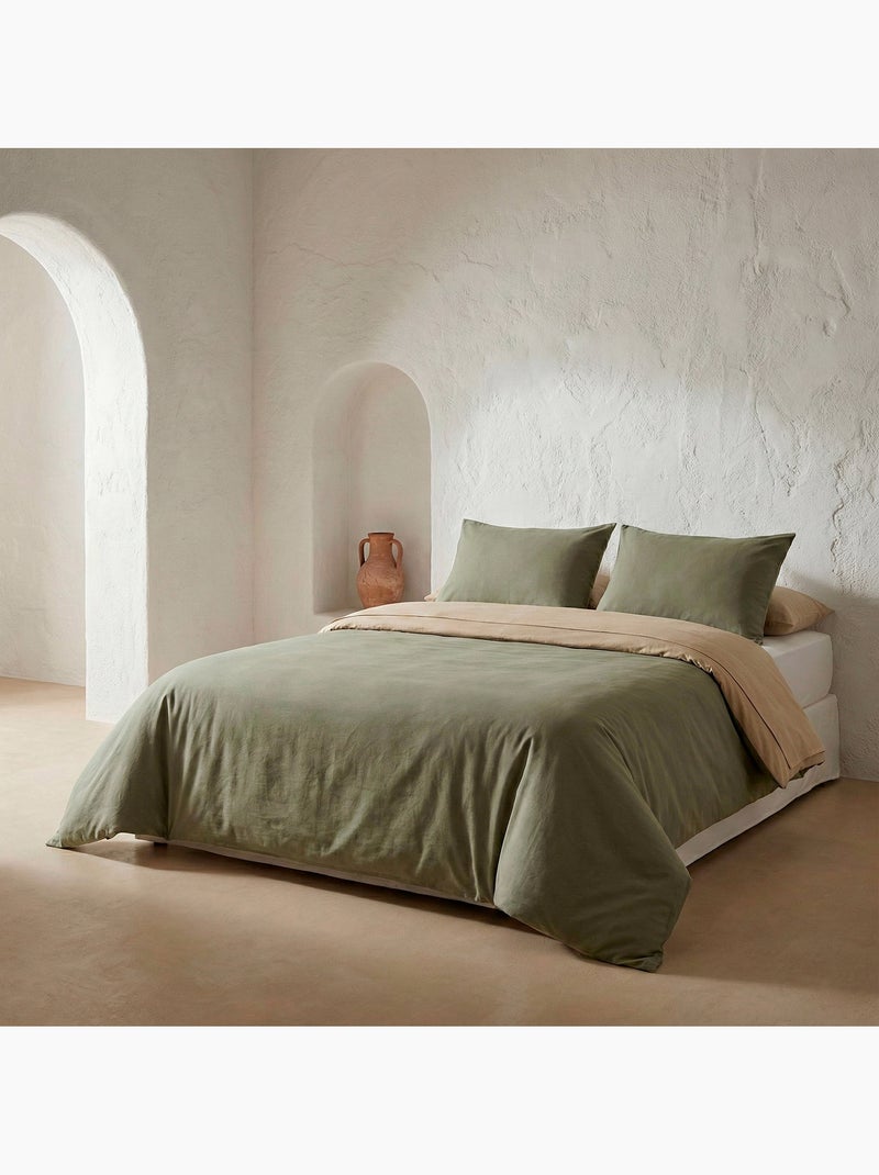 Set de housse de couette 100% coton, avec taie(s) d’oreiller, bicolore réversible - Gamusi. Vert/Marron - Kiabi