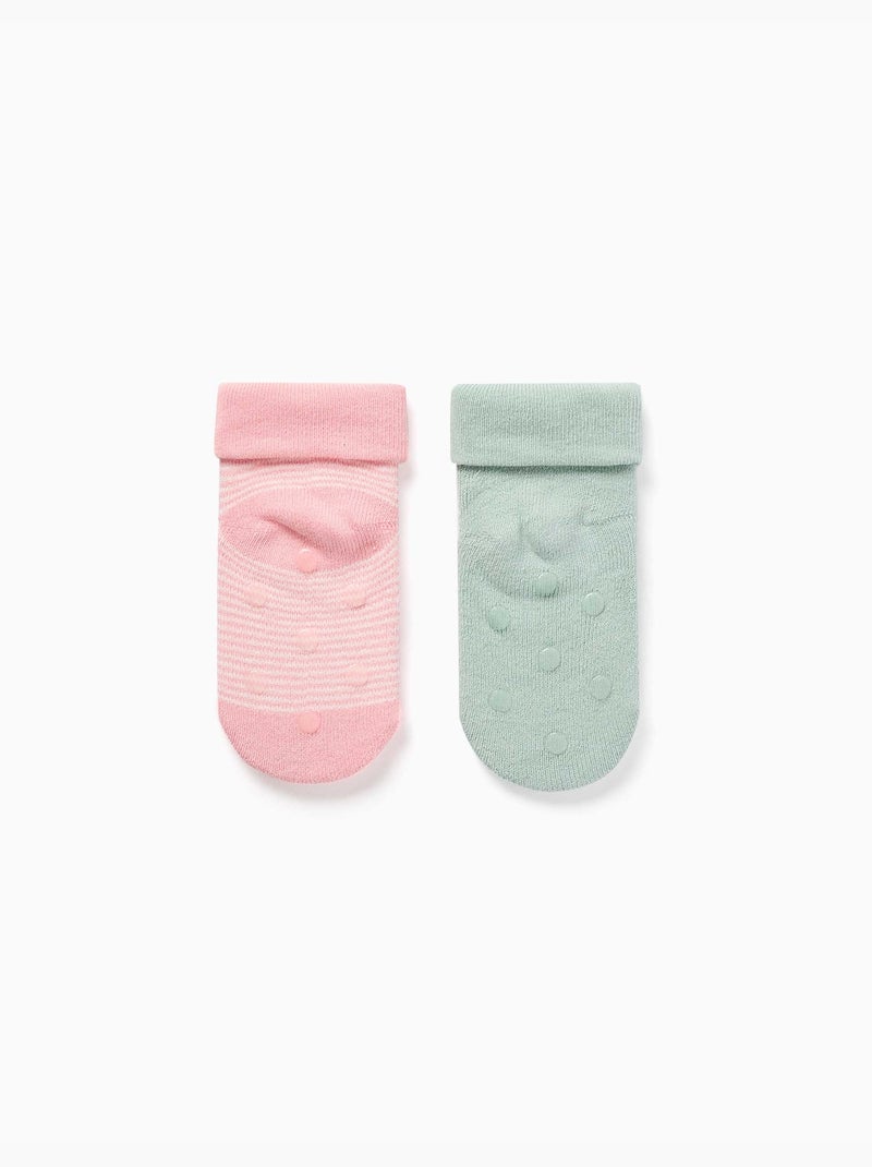 Set van 2 antislip badstof sokken Groen/Roze - Kiabi