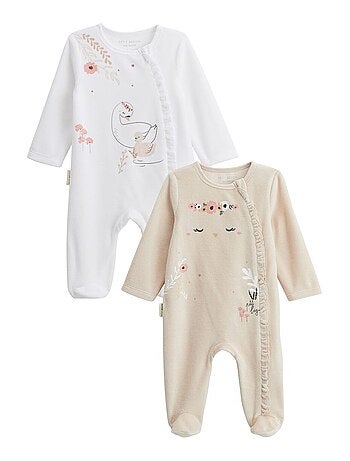 Set van 2 babypyjama's van velours met ritssluiting, parelkleur