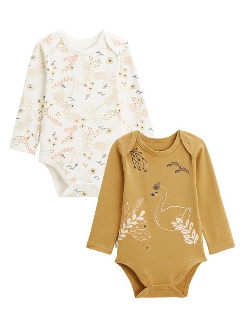 Set van 2 babyrompertjes met lange mouwen en zwanenprint. - Kiabi