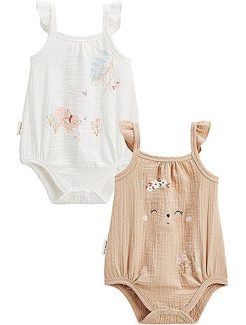 Set van 2 babyrompertjes van pralinekleurig katoengaas.