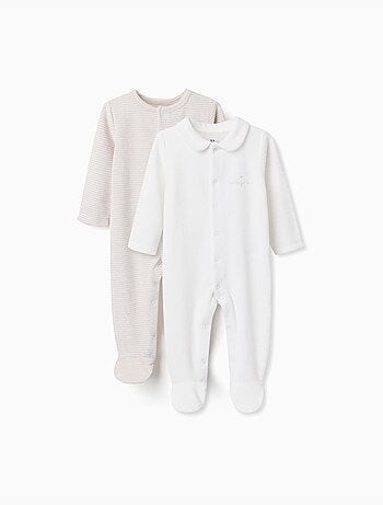 Set van 2 effen/gestreepte velours babypyjama's