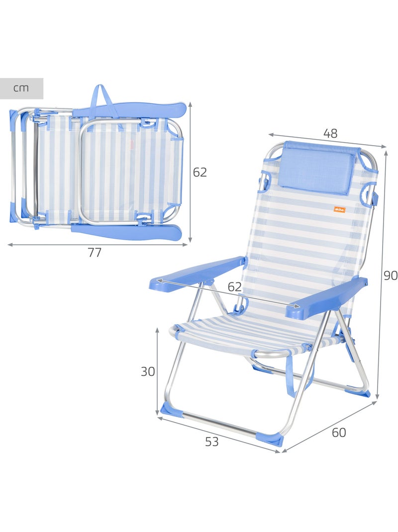 Set van 2 hoge, verstelbare strandstoelen 48x60x90 cm met strepen Blauw Wit - Kiabi