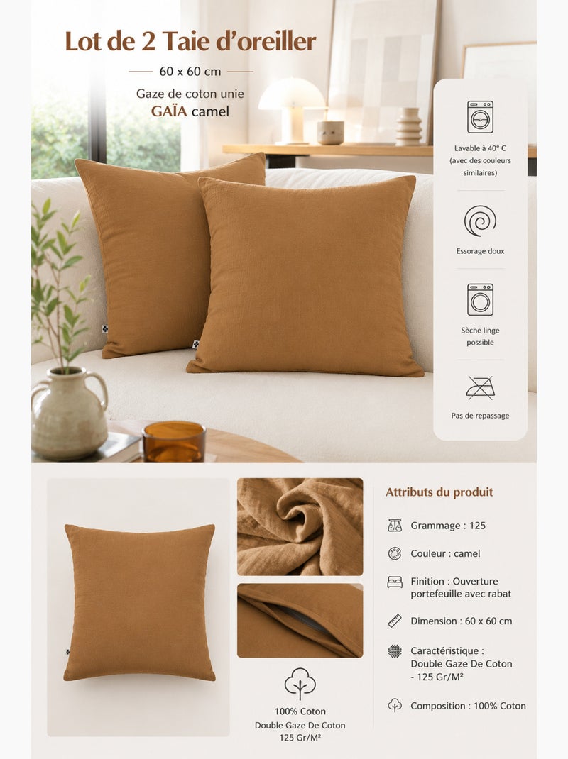 Set van 2 kussenslopen – dubbel katoengaas – gaïa Camel - Kiabi