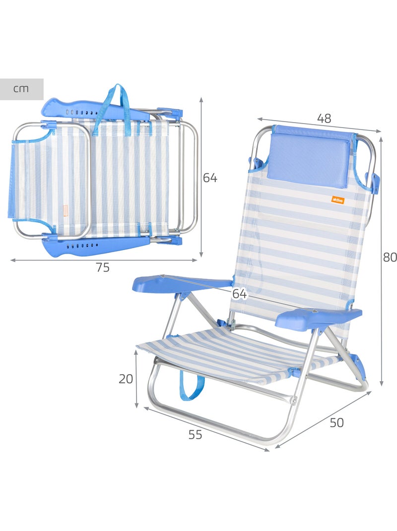 Set van 2 lage, verstelbare strandstoelen 48x50x80 cm Blauw Wit - Kiabi