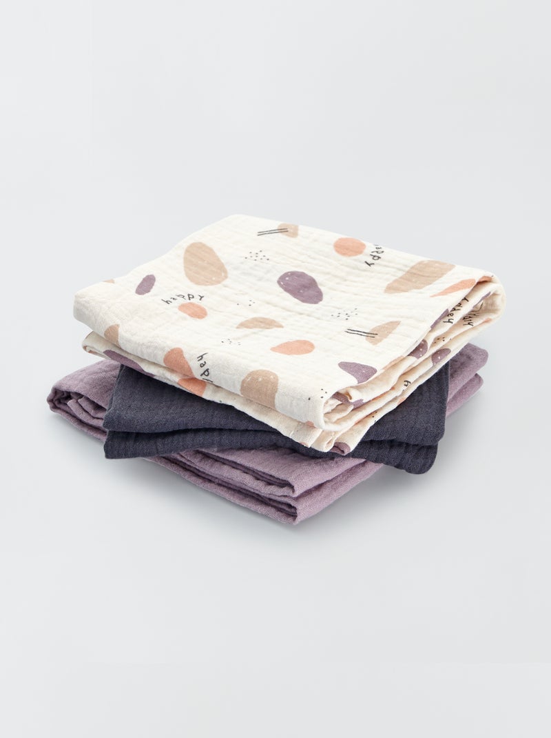 Set van 3 effen hydrofiele doeken met prints WIT - Kiabi