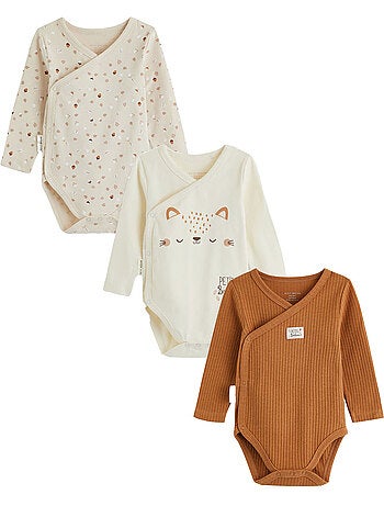 Set van 3 karamelkleurige babyrompertjes met lange mouwen en overslagopening.