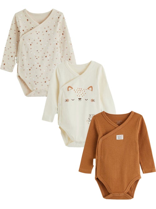 Set van 3 karamelkleurige babyrompertjes met lange mouwen en overslagopening. - Kiabi