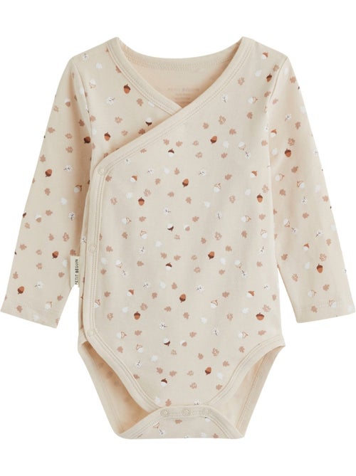 Set van 3 karamelkleurige babyrompertjes met lange mouwen en overslagopening. - Kiabi