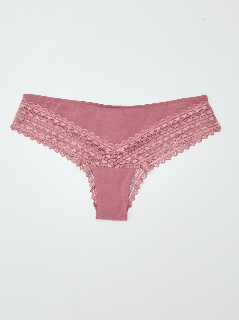 Set van 3 katoenen en kanten tanga's PAARS - Kiabi