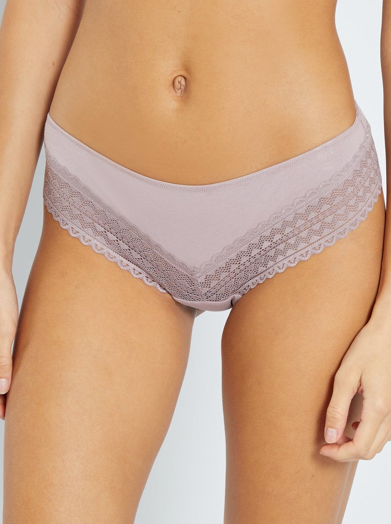 Set van 3 katoenen en kanten tanga's roze grijs - Kiabi