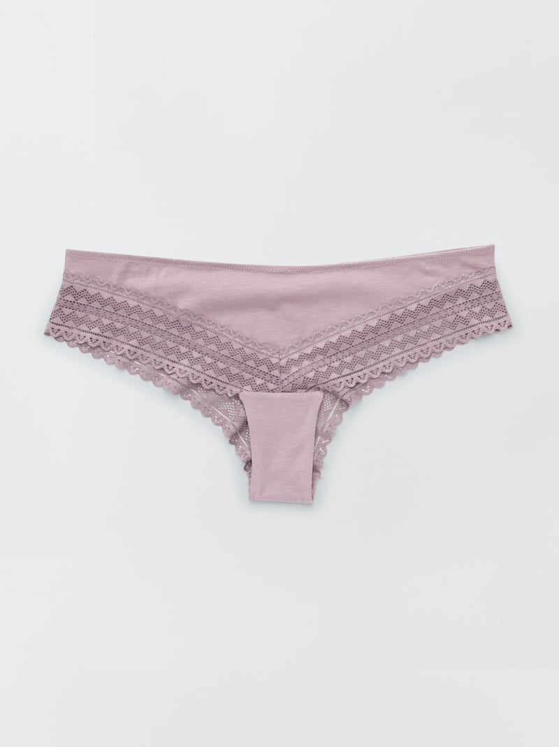 Set van 3 katoenen en kanten tanga's roze grijs - Kiabi