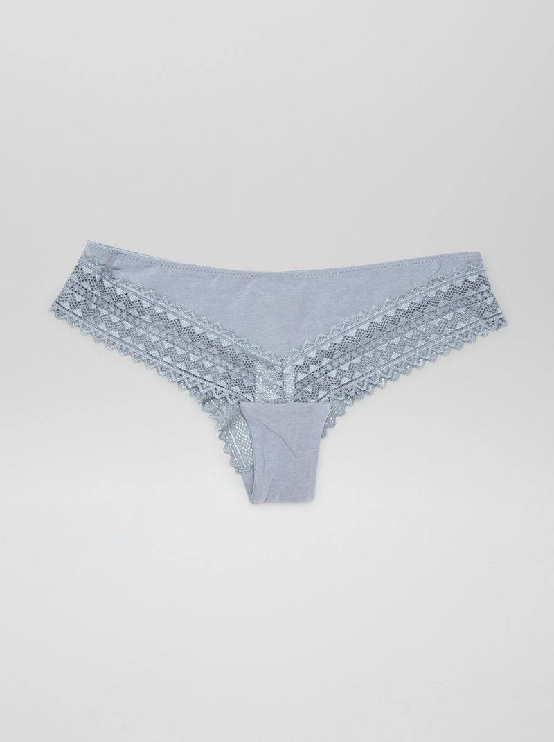 Set van 3 katoenen strings met kant BLAUW - Kiabi