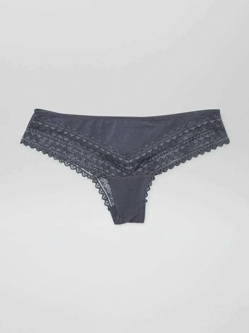 Set van 3 katoenen strings met kant BLAUW - Kiabi