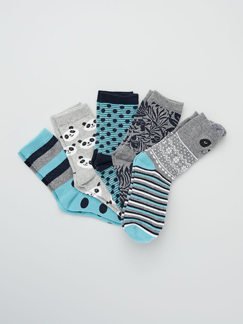Set van 5 paar sokken in pandathema blauw / grijs - Kiabi