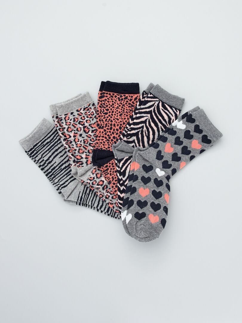 Set van 5 paar sokken met prints grijs - Kiabi