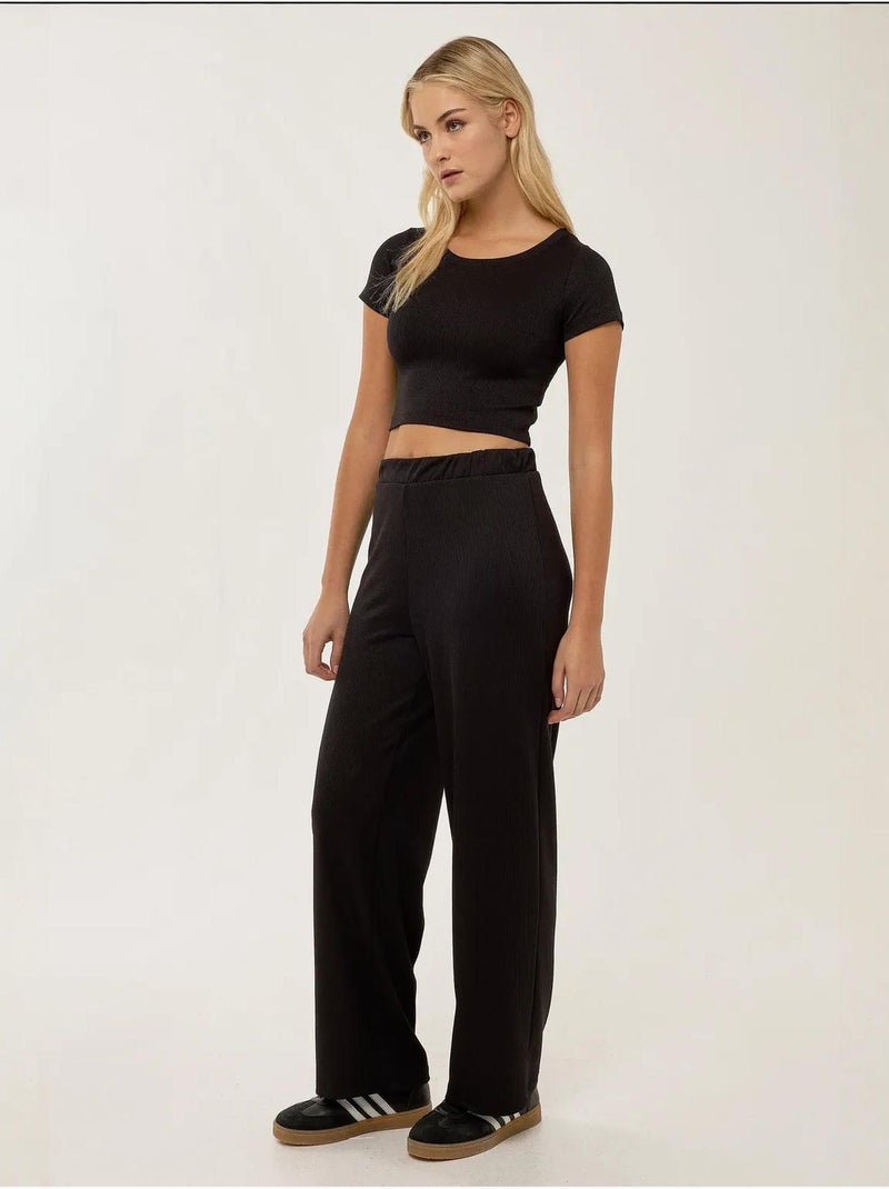 Set van gebreide crop top en elastische broek met riem Zwart - Kiabi