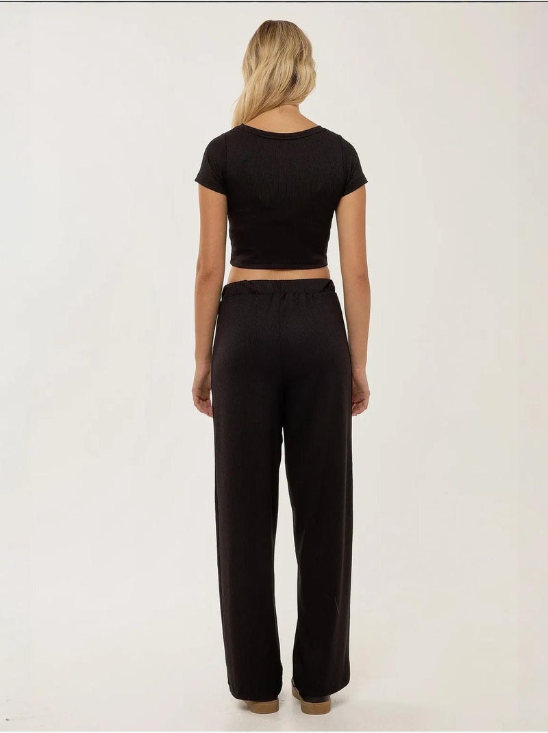 Set van gebreide crop top en elastische broek met riem Zwart - Kiabi