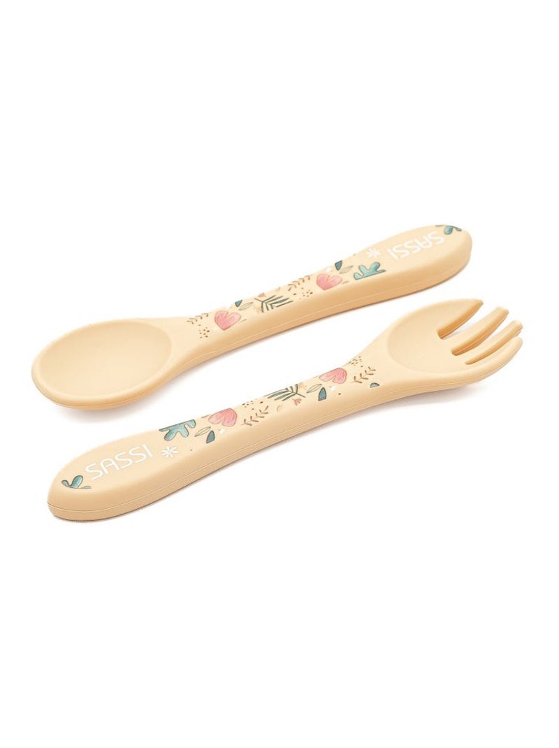 Set van siliconen vork en lepel, dieren Beige - Kiabi