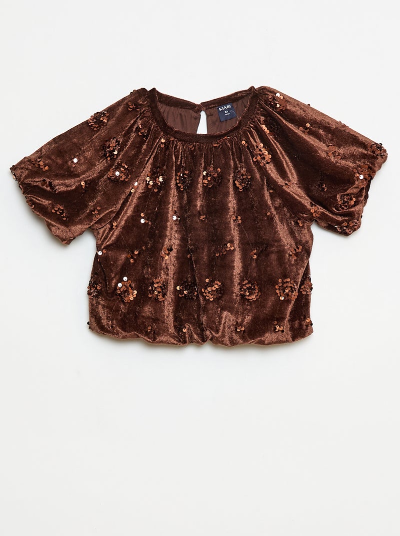 Setje - Bloesje + flared-fit broek van velours Bruin - Kiabi