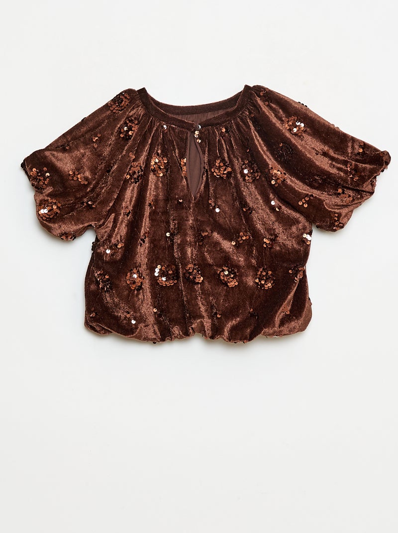 Setje - Bloesje + flared-fit broek van velours Bruin - Kiabi