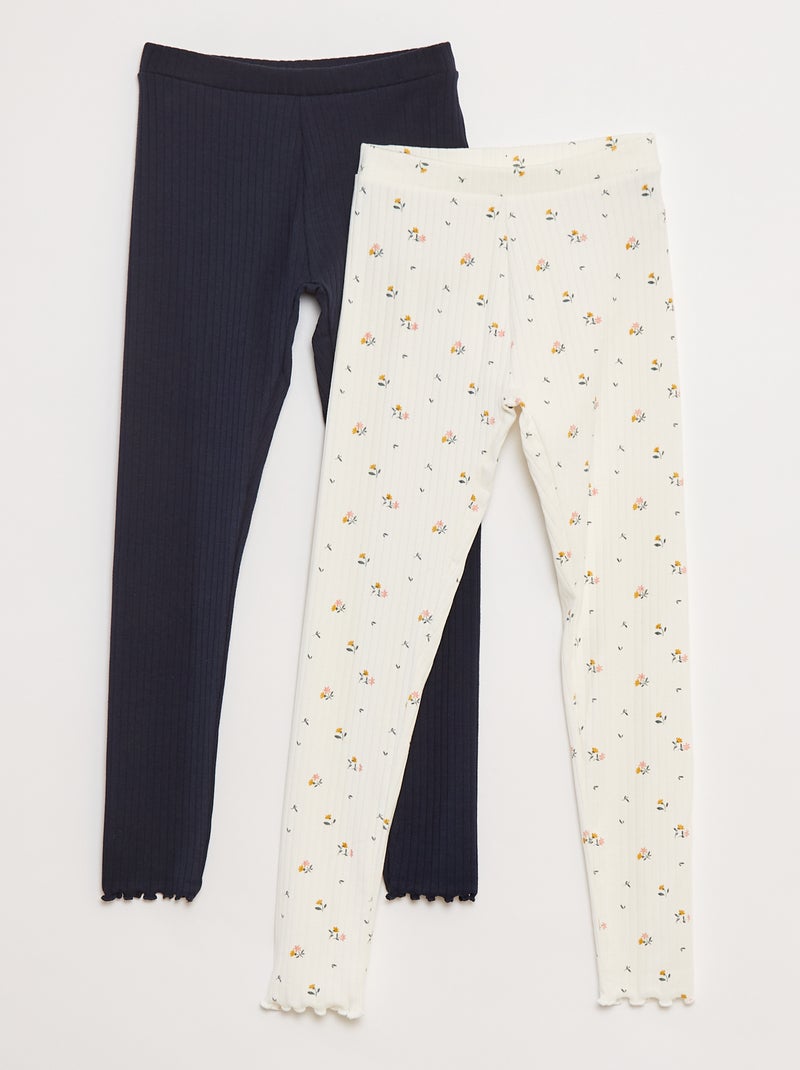 Setje leggings van ribstof - 1 effen + 1 met print - 2-delig Blauw - Kiabi