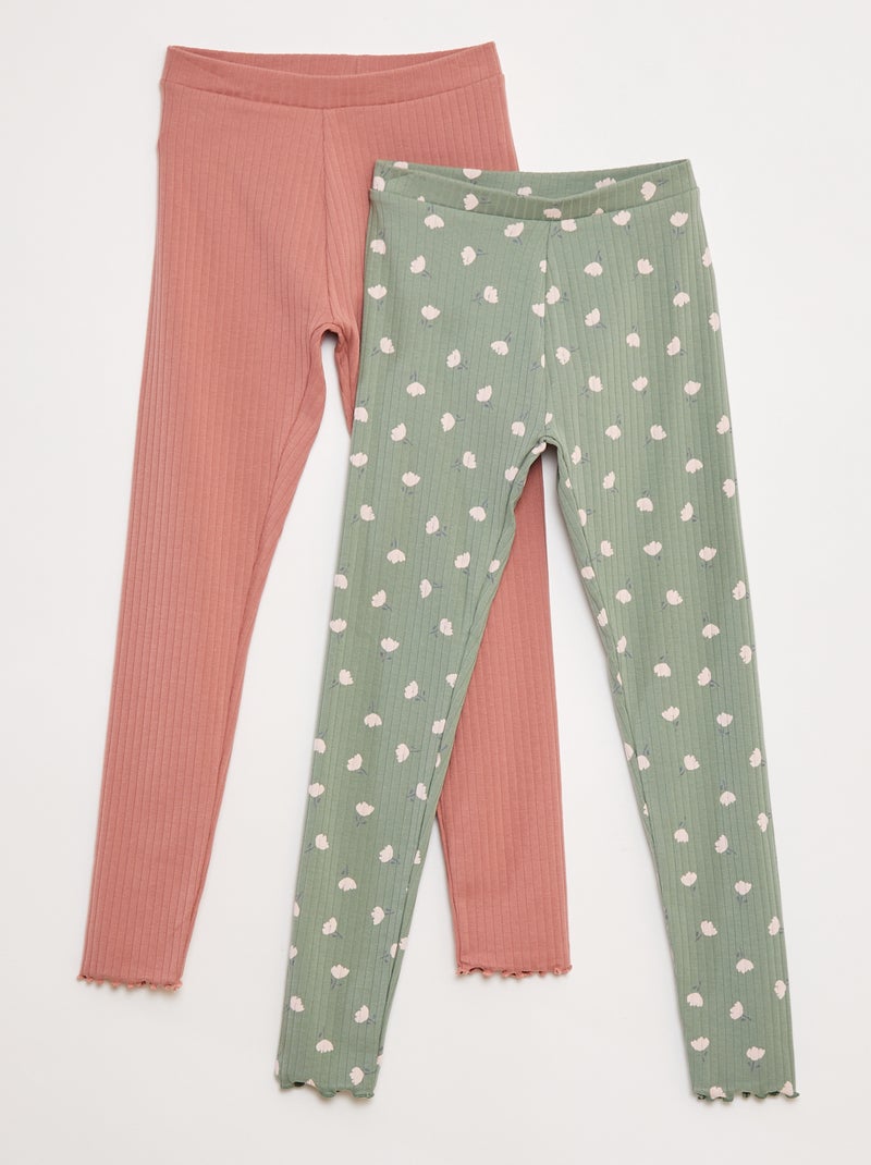 Setje leggings van ribstof - 1 effen + 1 met print - 2-delig Rose - Kiabi