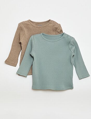 Setje met 2 effen T-shirts van ribstof met lange mouw