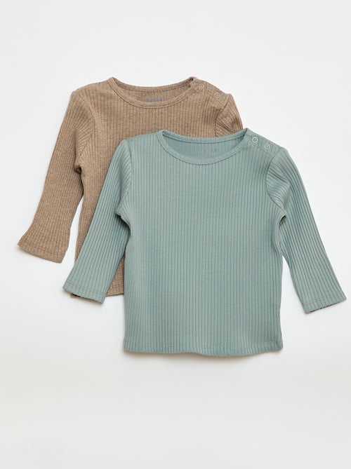 Setje met 2 effen T-shirts van ribstof met lange mouw - Kiabi