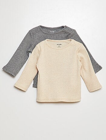 Setje met 2 effen T-shirts van ribstof met lange mouw