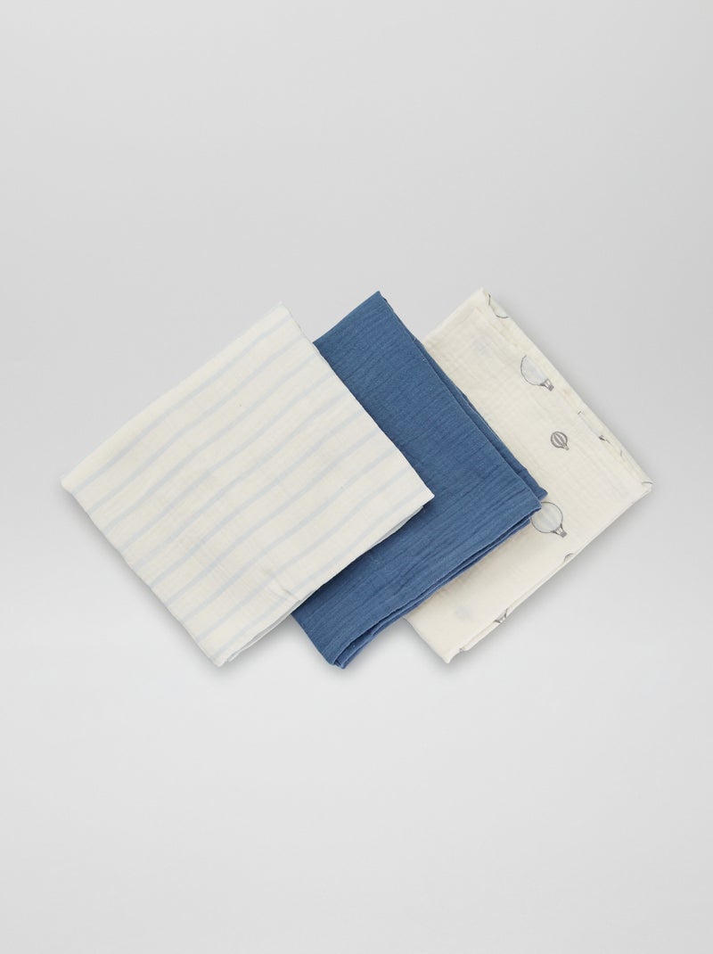 Setje met 3 hydrofiele doeken met prints BLAUW - Kiabi