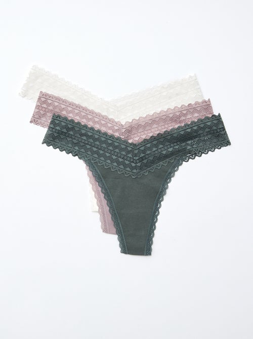 Setje met 3 katoenen strings met kant - Kiabi