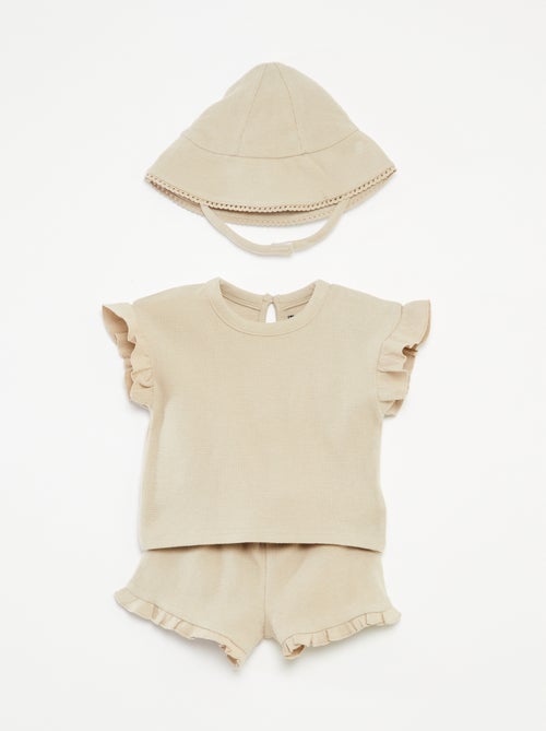 Setje met T-shirt + short +bobhoedje met wafeltextuur - 3-delig - Kiabi