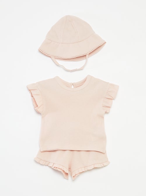 Setje met T-shirt + short +bobhoedje met wafeltextuur - 3-delig - Kiabi