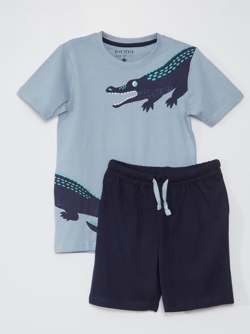 Setje met T-shirt + short met krokodillenprint blauw - Kiabi