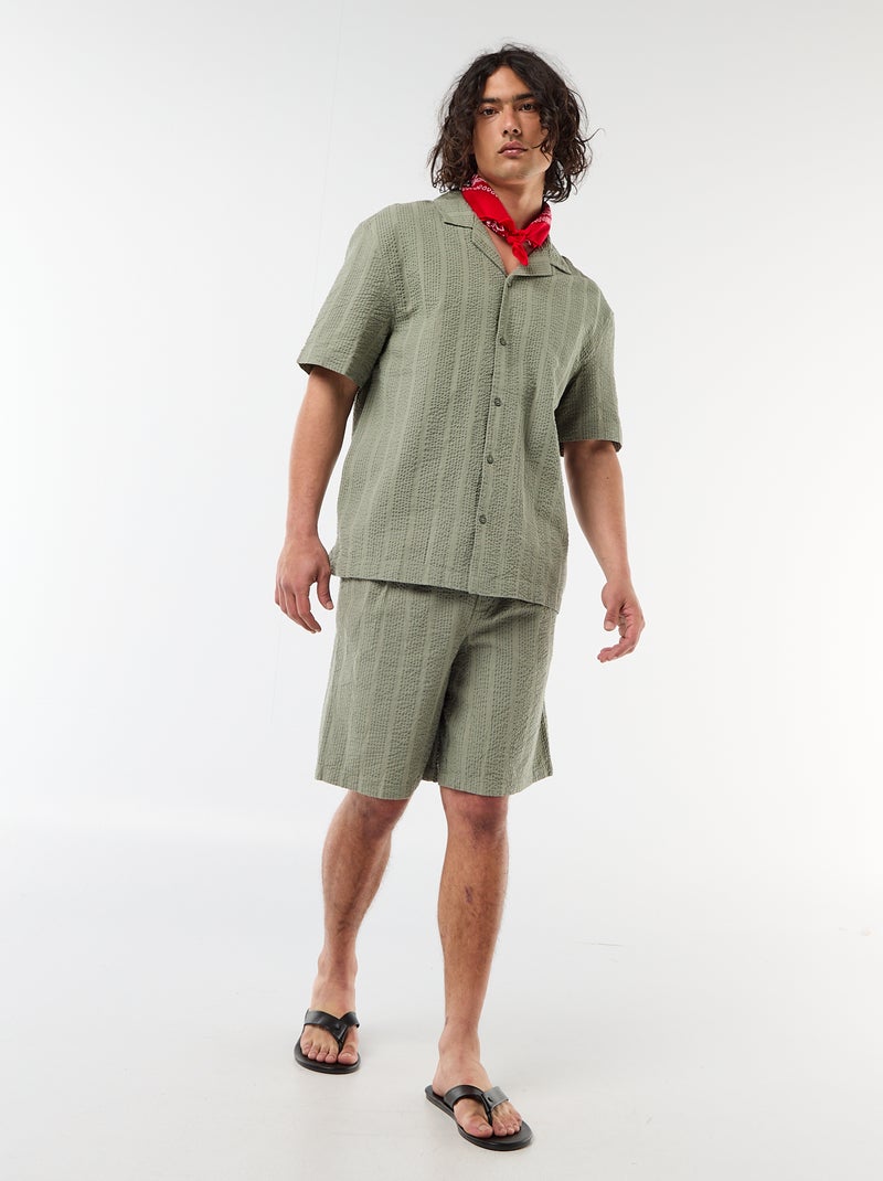 Shirt van gewafelde tricot met korte mouwen Kaki - Kiabi