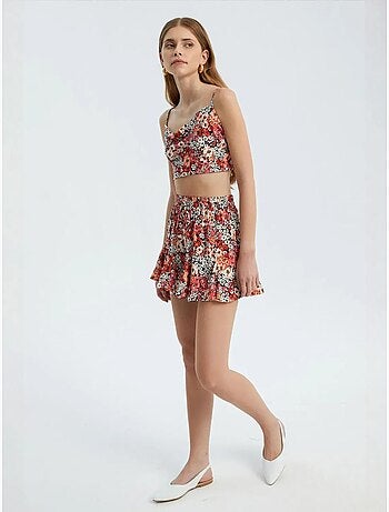 Short à volants taille haute à fleurs et taille élastique hiccup