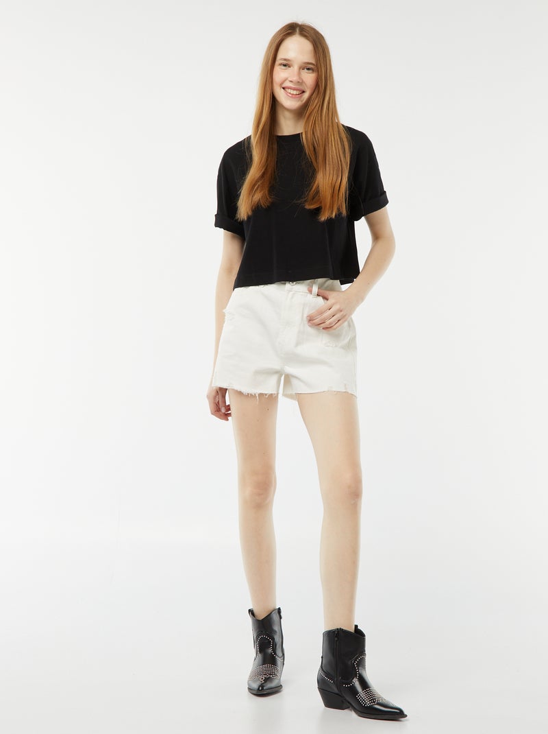 Short court en jean avec abrasions et finitions à cru Blanc - Kiabi