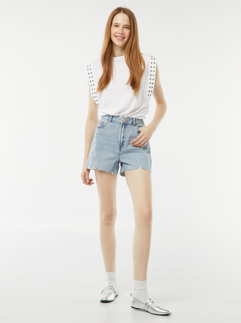 Short court en jean avec abrasions et finitions à cru Bleu - Kiabi