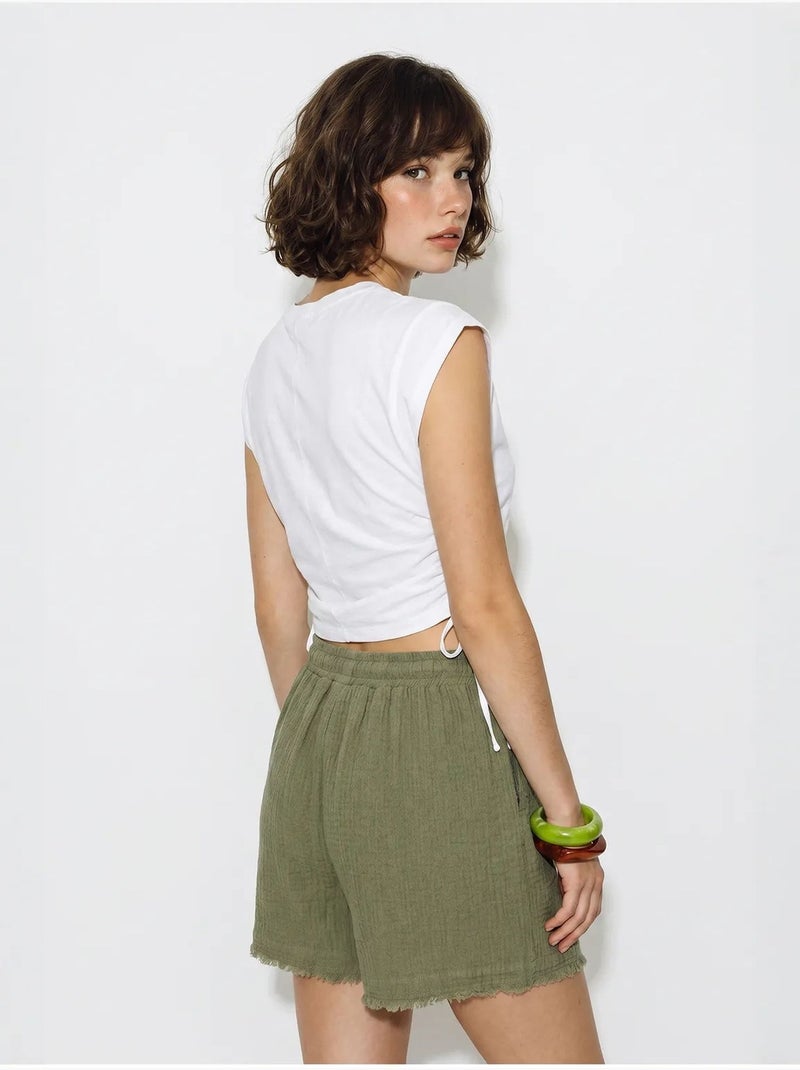 Short en coton à taille haute et jambe large lucci Kaki - Kiabi