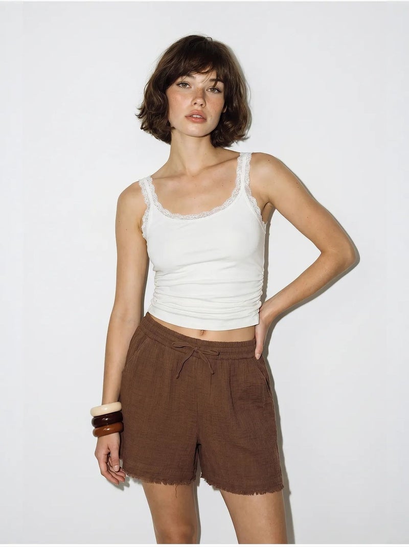 Short en coton à taille haute et jambe large lucci Marron - Kiabi