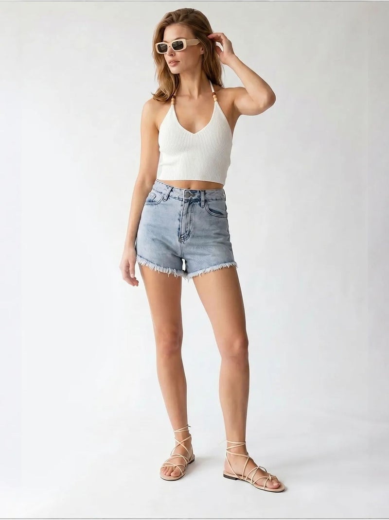 Short en coton mixray Bleu clair - Kiabi
